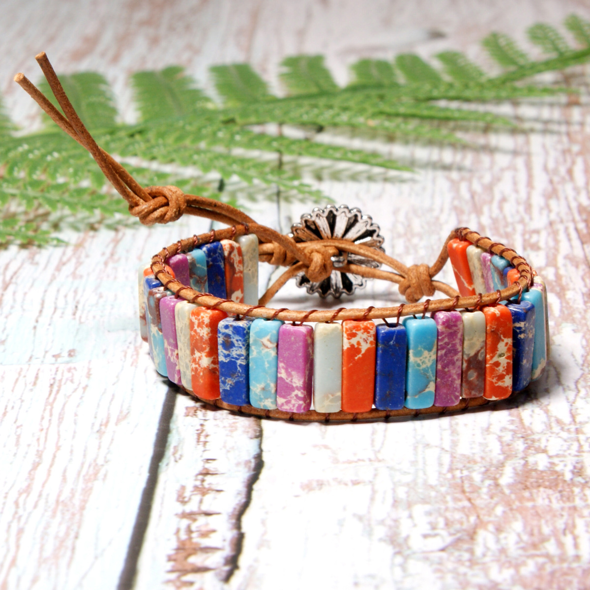 Single Layer Colorful Beaded Bracelet Colorful Natural Stone Woven Leather Bracelet