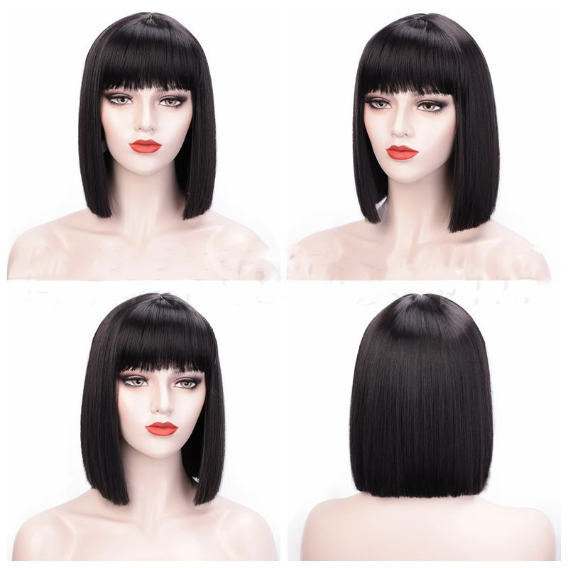 Full Lace Straight Hair Shoulder Length Short Bob Wigs For Women With Bangs Ombre Gray 12Inches Black - Shop at LoveMi