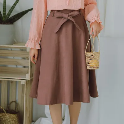 High Waist Pleated Knee Length Skirt Brown - Shop at LoveMi