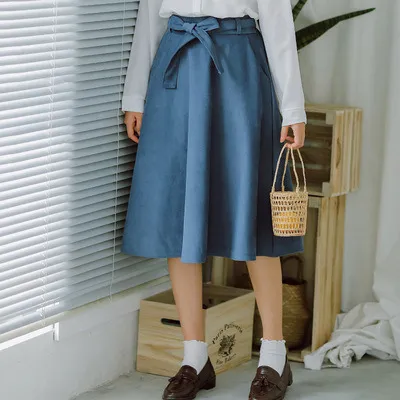High Waist Pleated Knee Length Skirt Blue - Shop at LoveMi