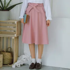 High Waist Pleated Knee Length Skirt - Pink - View 1