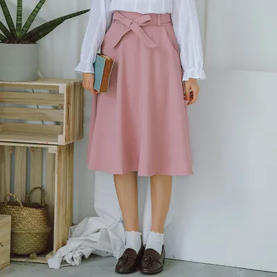High Waist Pleated Knee Length Skirt Pink - Shop at LoveMi