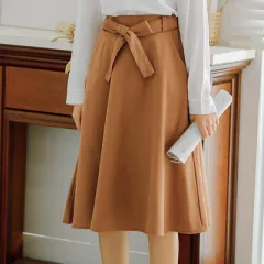 High Waist Pleated Knee Length Skirt - Khaki - View 1