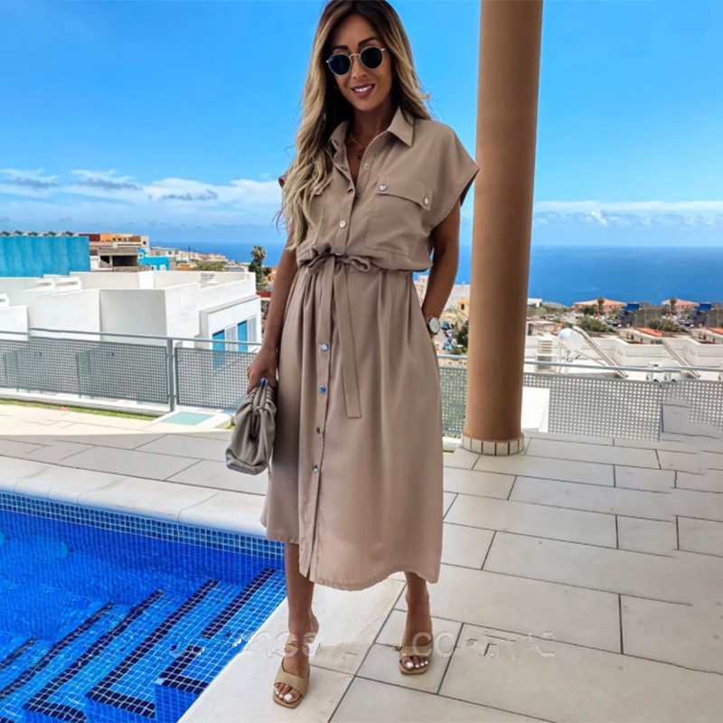 Dress New Style Female Temperament Short-Sleeved Lapel Solid Color Single-Breasted Belt Dress