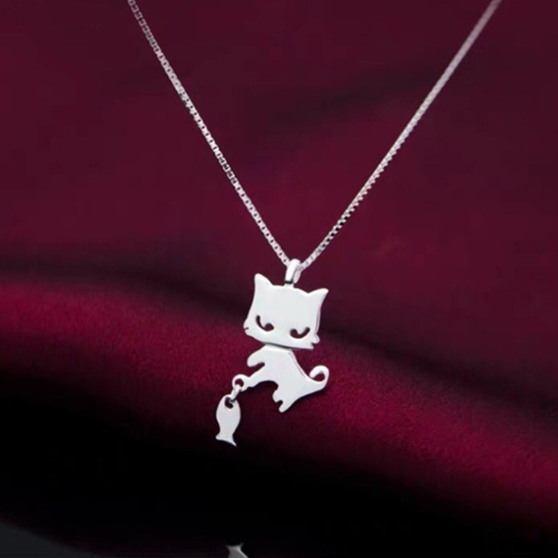 Silver Necklace Fashion Pendant Girl Cute Kitten And Fish Necklace Clavicle Chain