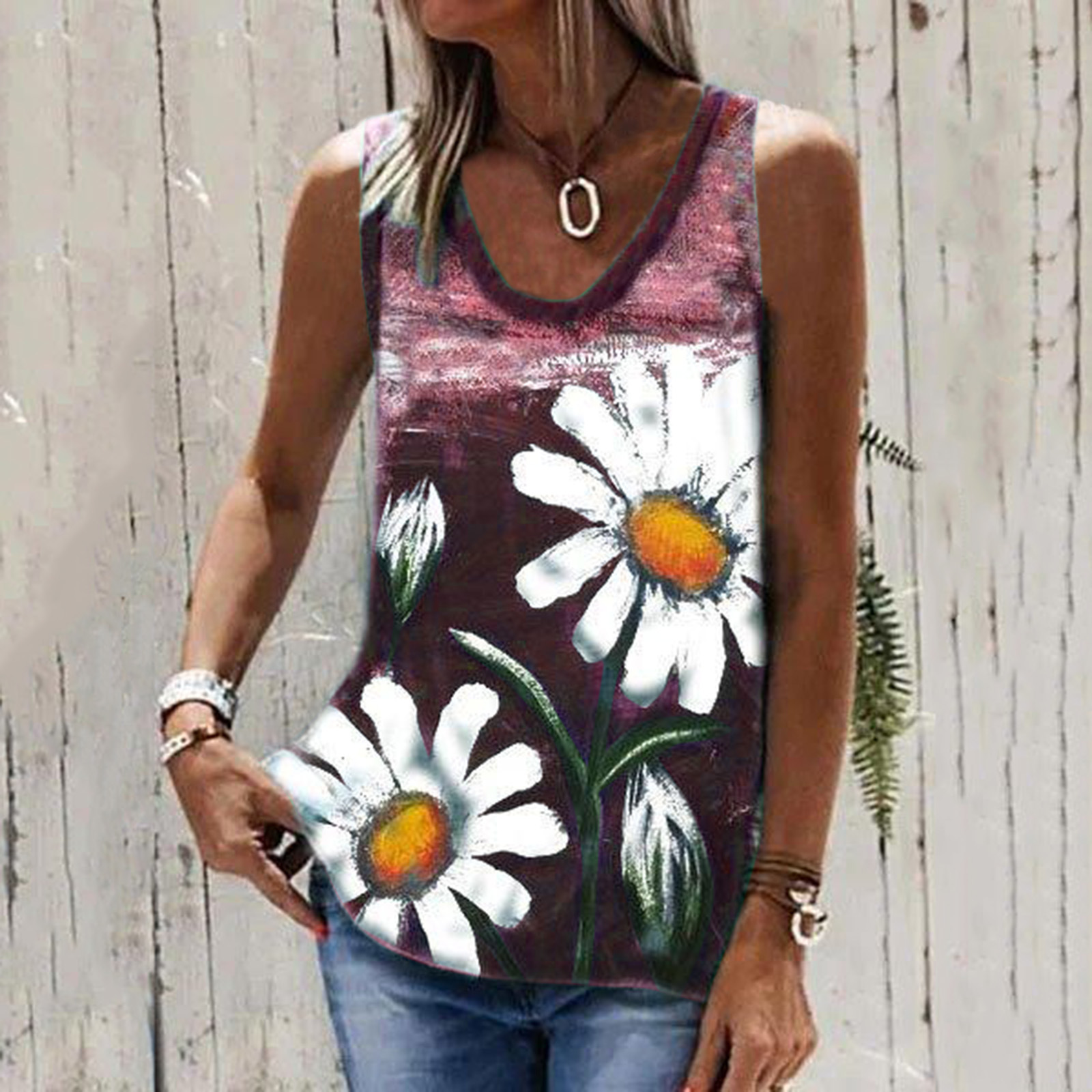 Chrysanthemum Print Round Neck Women's Sleeveless T Shirt Top Pink - Shop at LoveMi