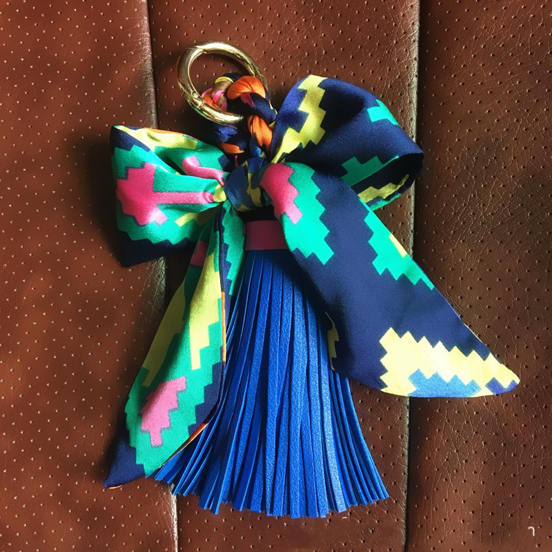 Ribbon Leather Big Tassel Keychain Pendant Blue - Shop at LoveMi