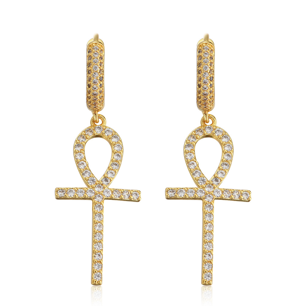 The New Anhe Key Cross Earrings Hip-Hop Men And Women Full Of Zircon Trendy Brand Personality Hip-Hop Earrings