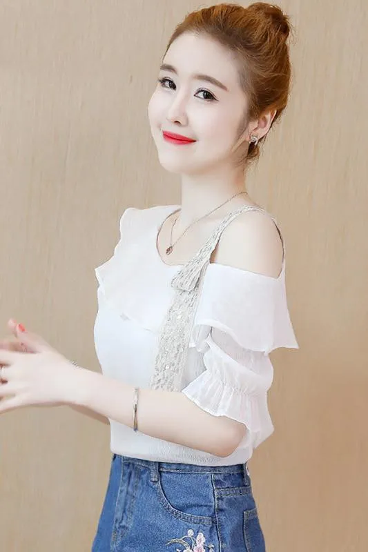 Leaky Shoulder Top Women's Summer New Trendy One Shoulder Chiffon Shirt Short Sleeved Fashion Western Style Small Shirt White - Shop at LoveMi