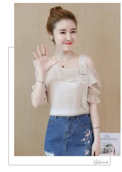 Leaky Shoulder Top Women's Summer New Trendy One-Shoulder Chiffon Shirt Short-Sleeved Fashion Western Style Small Shirt - Apricot - View 1