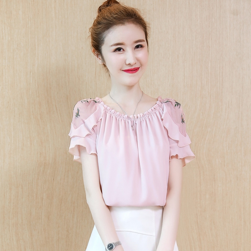 Short-sleeved T-shirt Women's Small Shirt Sweet Off-shoulder Chiffon Shirt