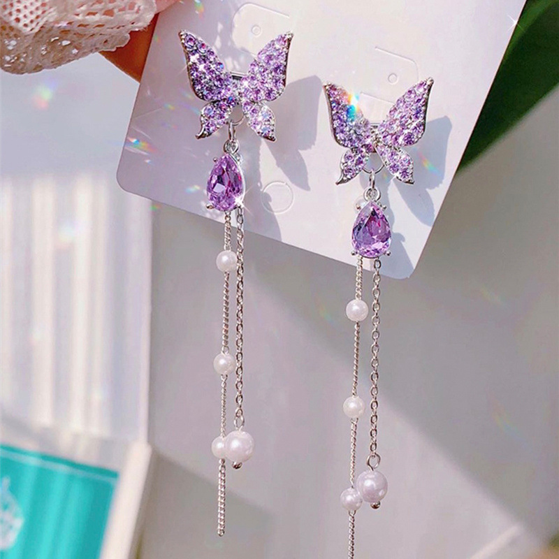 Fashion Ear Jewelry Silver Needle Butterfly Full Diamond Pearl Female New Stud Earrings Earrings