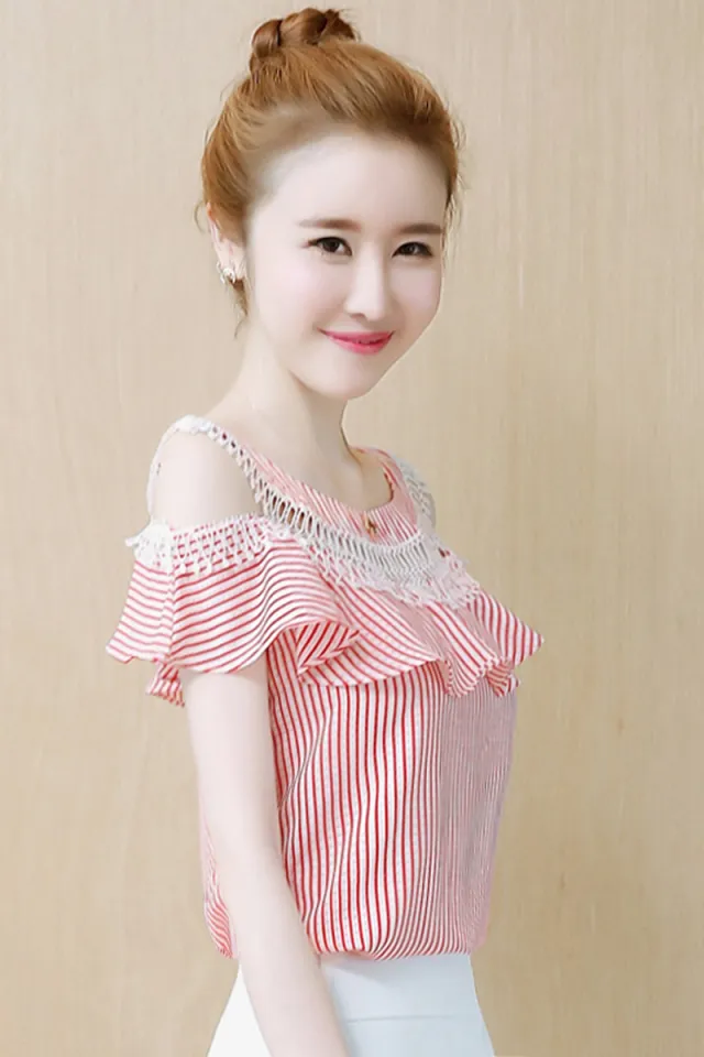One Shoulder Off Shoulder Short Sleeved Chiffon Top Women'S Clothing Red - Shop at LoveMi