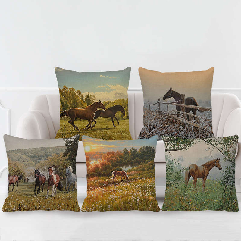 Running Horse Oil Painting Linen Pillow Case