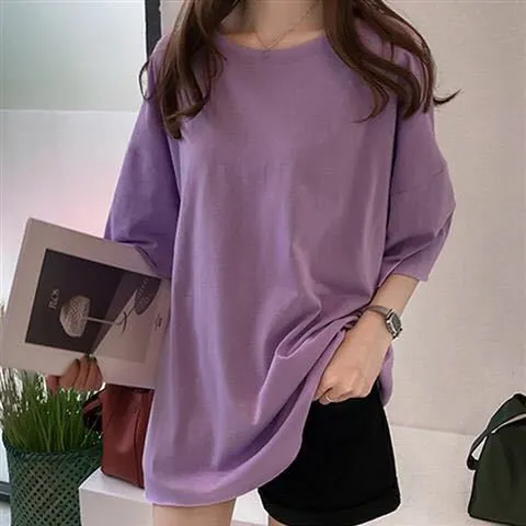 Spring And Summer New 95 Cotton Can'T Afford Ball Candy Color Round Neck Pullover T Shirt Women's Short Sleeved Top Loose Casual Purple - Shop at LoveMi