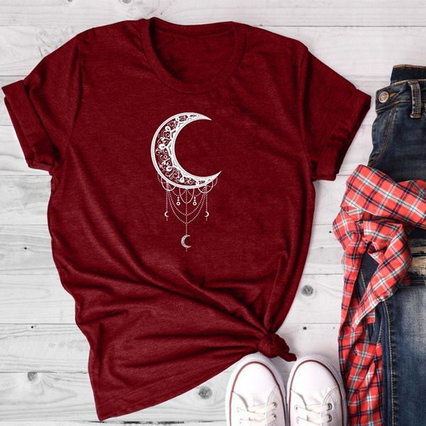 Sun Moon Women Tshirt O neck T Shirt Women Cotton Printed Camiseta Mujer Short Sleeve Tshirt Red - Shop at LoveMi