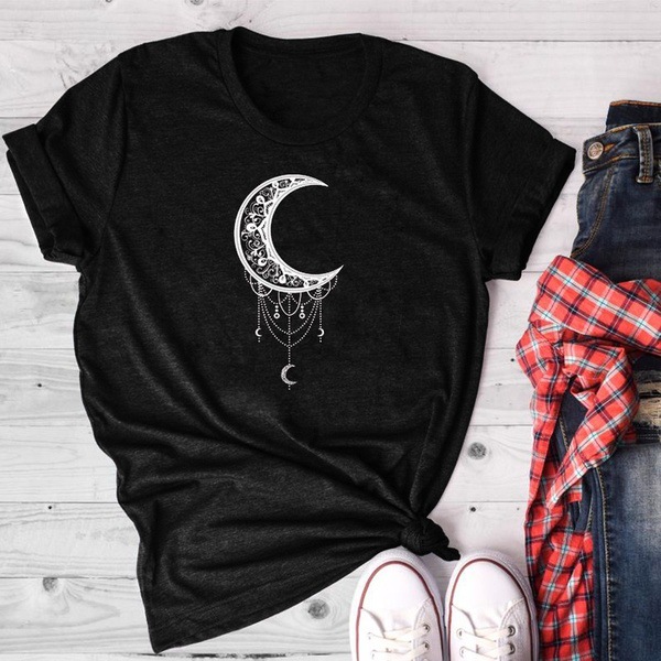 Sun Moon Women Tshirt O neck T Shirt Women Cotton Printed Camiseta Mujer Short Sleeve Tshirt Black - Shop at LoveMi