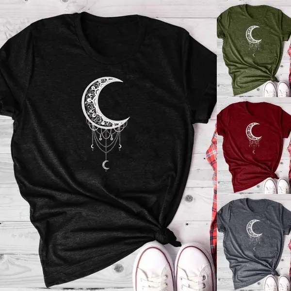 Sun Moon Women Tshirt O-neck T Shirt Cotton Printed