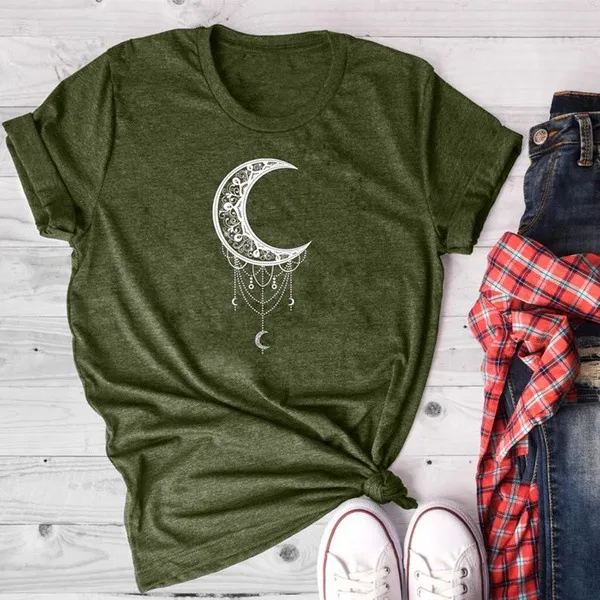 Sun Moon Women Tshirt O neck T Shirt Women Cotton Printed Camiseta Mujer Short Sleeve Tshirt Green - Shop at LoveMi