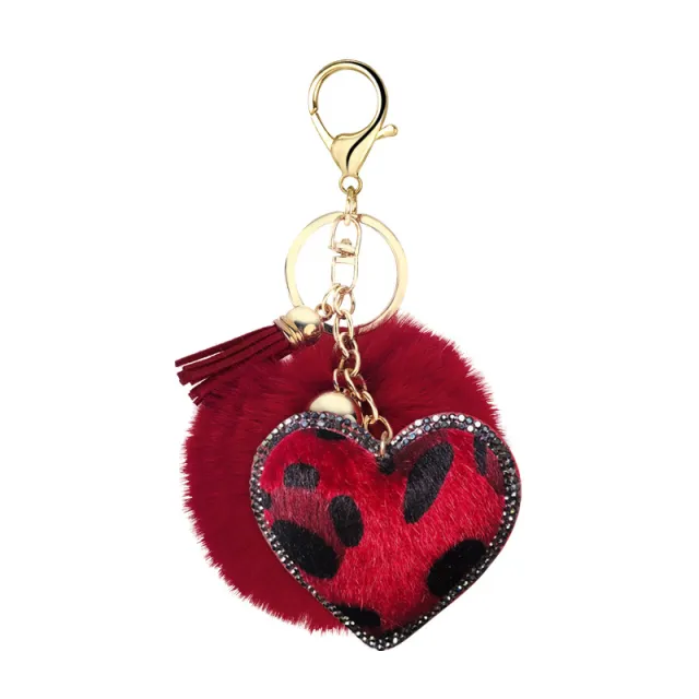 Velvet Diamond Studded Leopard Pattern Love Style Hair Ball Keychain Pendant Bell Accessories Car Luggage Pendant Red - Shop at LoveMi