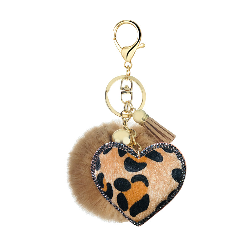 Velvet Diamond-Studded Leopard Pattern Love Style Hair Ball Keychain Pendant Bell Accessories Car Luggage Pendant