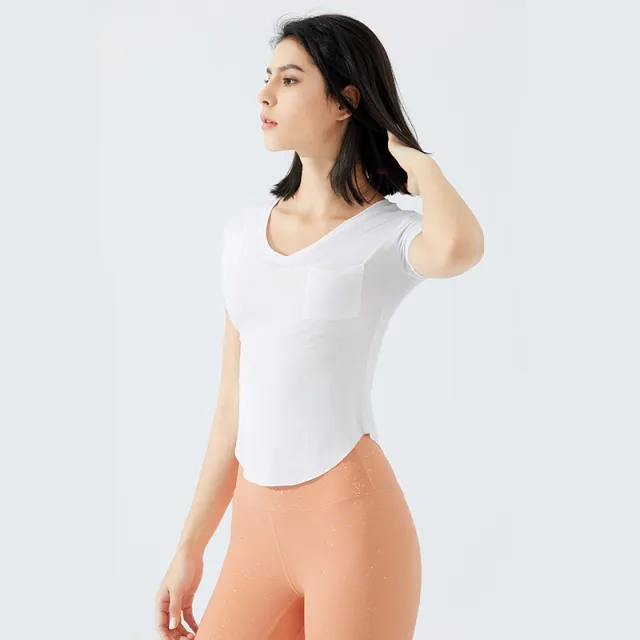 Pocket V Neck Slim Sports T Shirt For Women White - Shop at LoveMi
