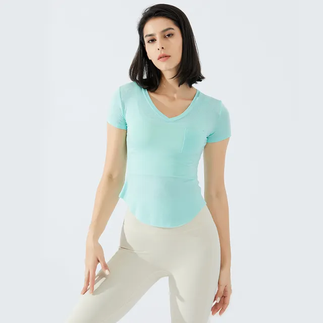 Pocket V Neck Slim Sports T Shirt For Women Green - Shop at LoveMi