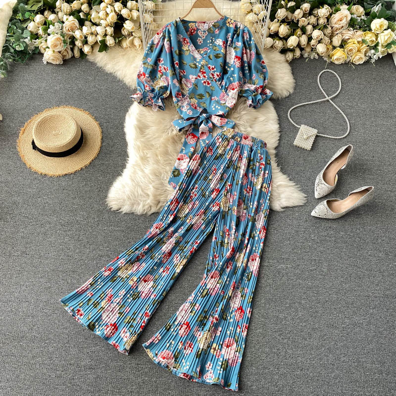 Western Style Puff Sleeve Cropped Top All-match Pleated Wide-leg Pants