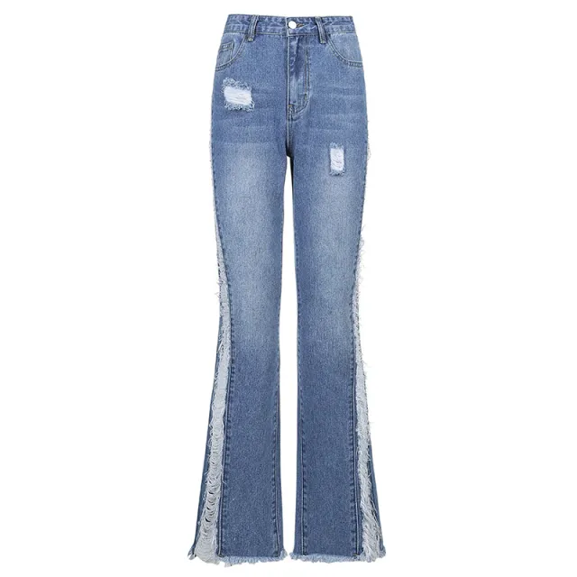 New Style Women's Casual Pierced Drawnwork High Waist Bootcut Washed Jeans Blue - Shop at LoveMi