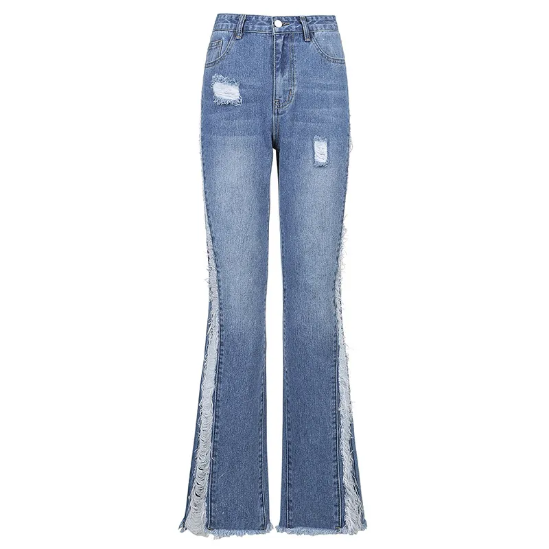 New Style Women's Casual Pierced Drawnwork High Waist Bootcut Washed Jeans - Blue