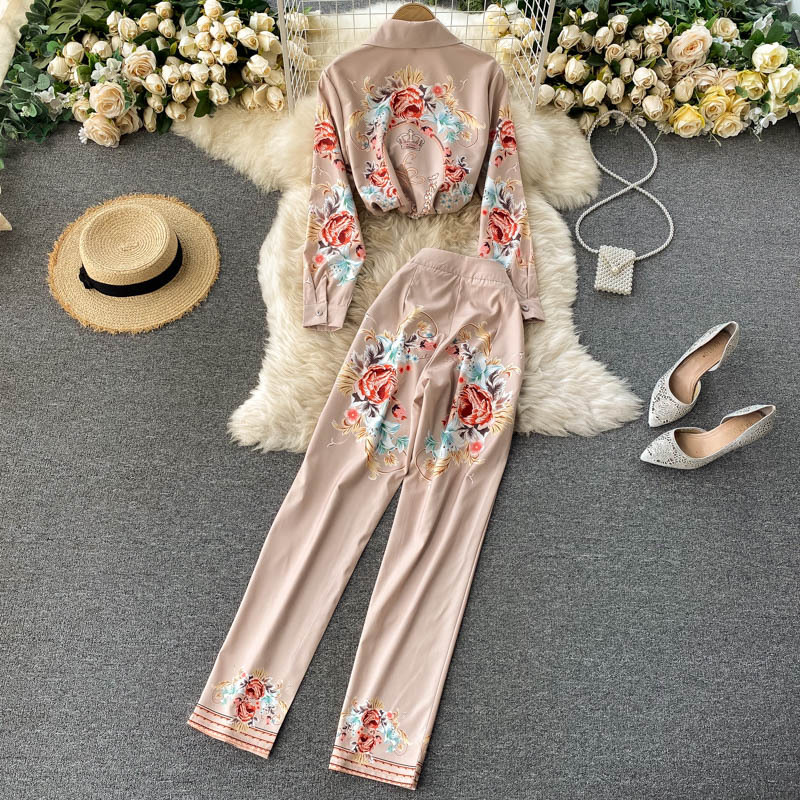 Temperament Professional Suit Ladies Shirt Retro Printing High Waist Suit Pants Fashionable Two-Piece Suit