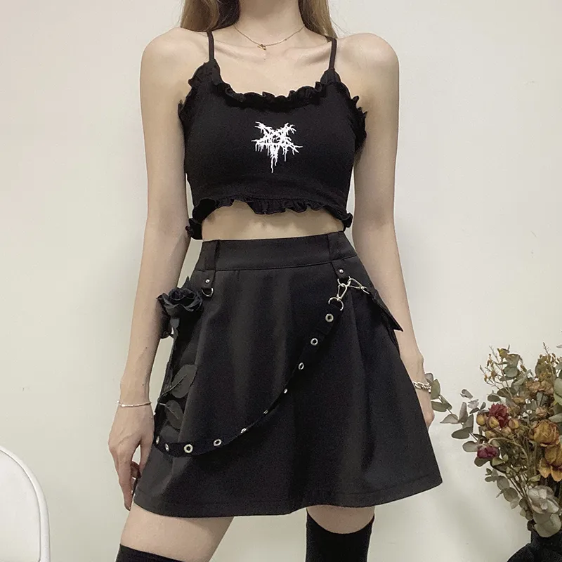 InstaHot Black Pockets High Waist Skirts Strap Zipper Pleated