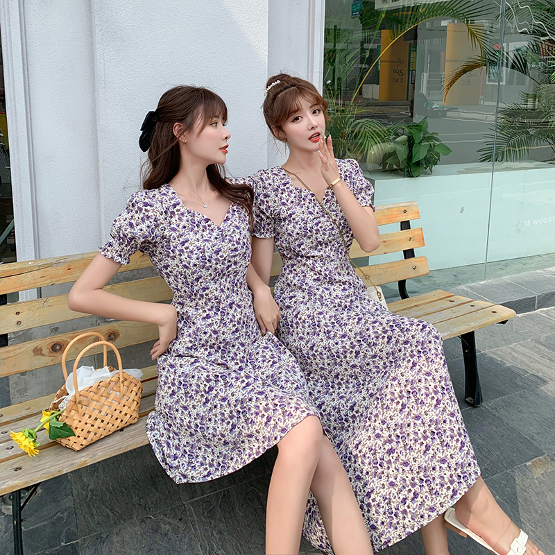 Plus Size Women'S Fat Mm Summer New Style Retro French Slim Slimming Puff Sleeve Split Oil Painting Mid-Length Dress