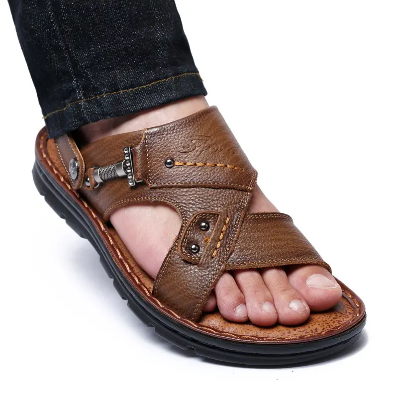 Large Size Sandals Men'S Leather Breathable Soft Sole Thick