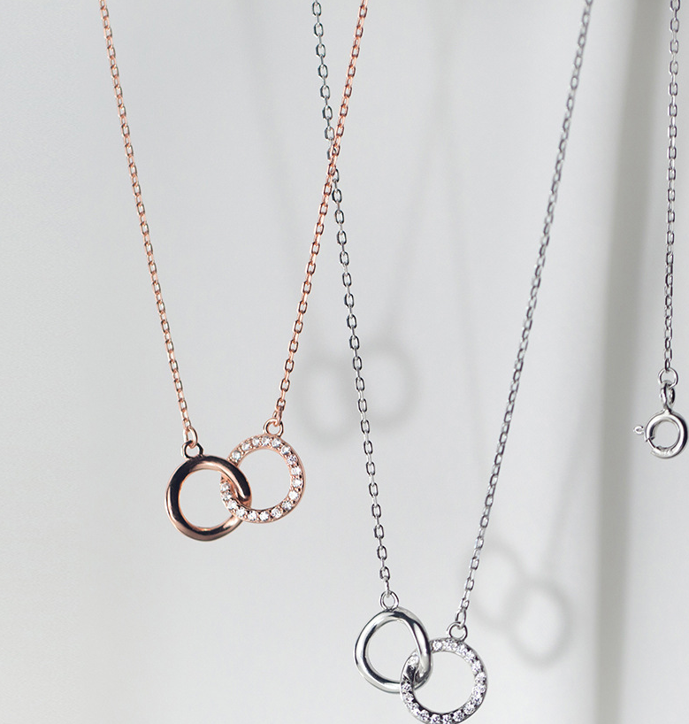 s925 Silver Light Luxury Design Double Ring Curved Geometric Necklace Fashion Diamond-studded Popular Korean Necklace