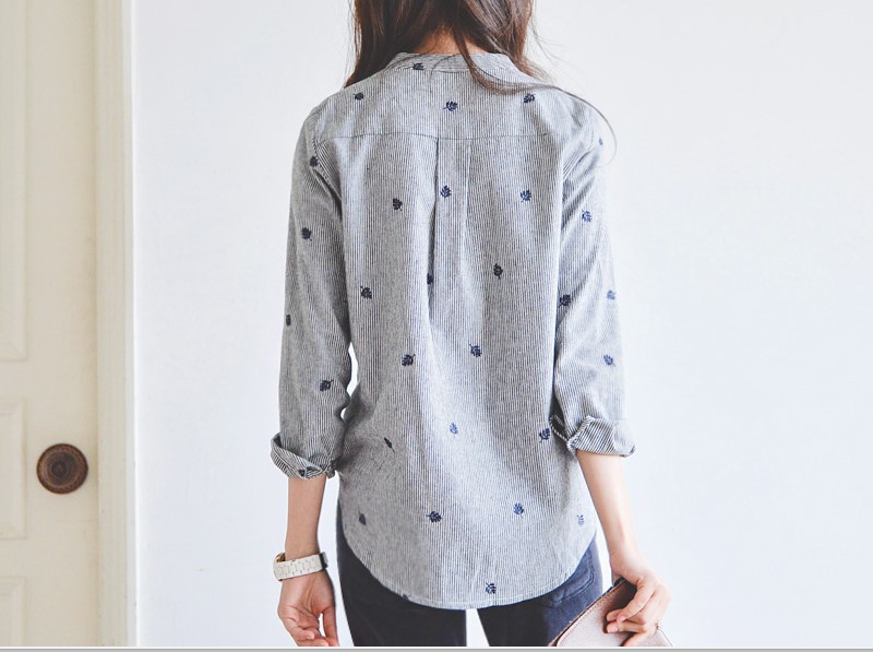 Stand Up Collar Striped Leaf Embroidery Slim Slim Long Sleeved Shirt Women