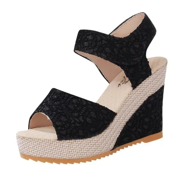 New Style Sandals Women's Thick Soled Wedge High Heeled Sexy Lace Women's Shoes Black - Shop at LoveMi