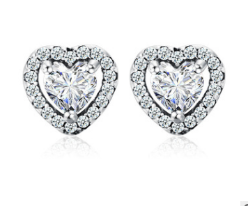 Heart shaped micro zircon inlaid silver earrings