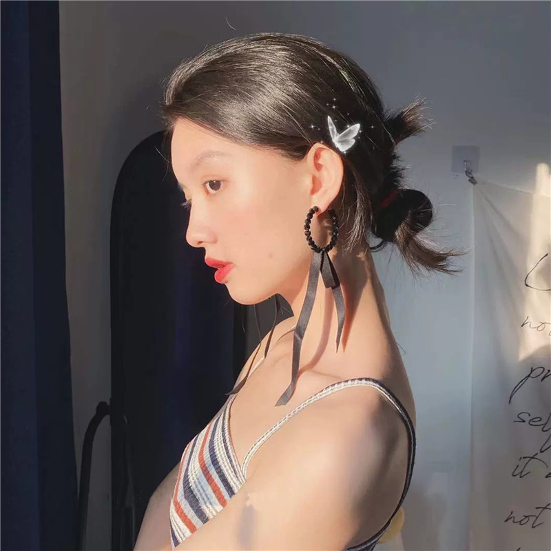 Black Streamer Round Bead Long Design Fashion Earrings