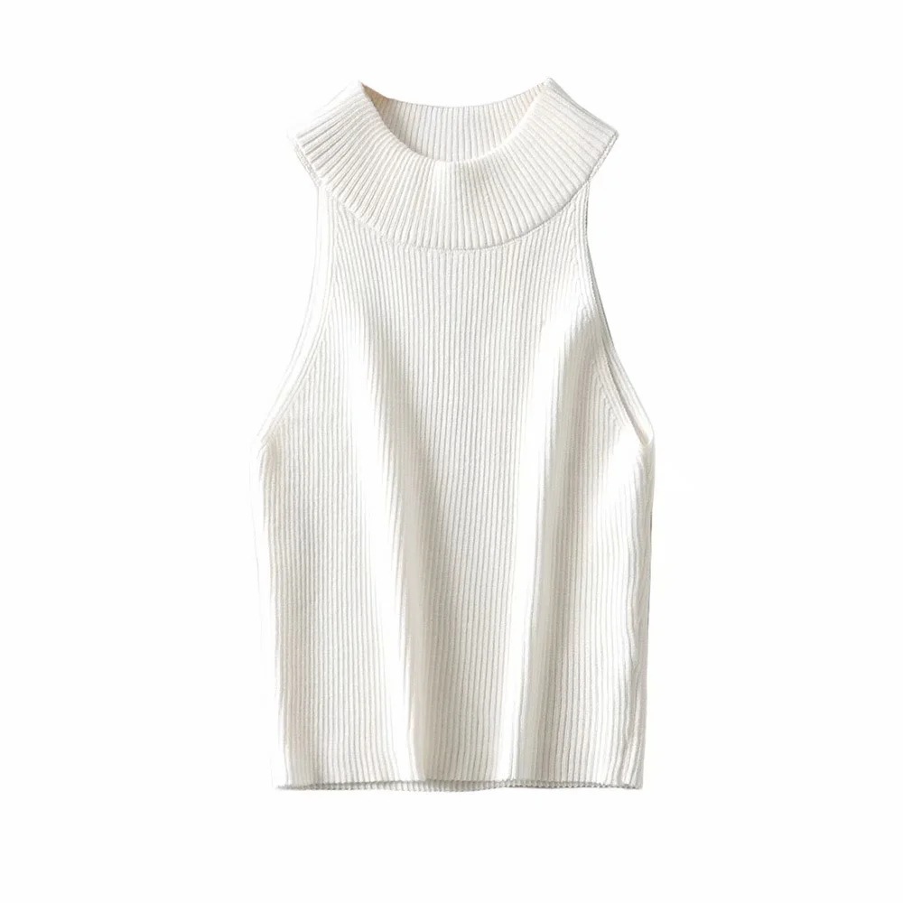 Aproms Vintage High Neck Ribbed Knitted Tank Tops Female Summer Casual White Solid Stretch Crop Top for Women Clothing 