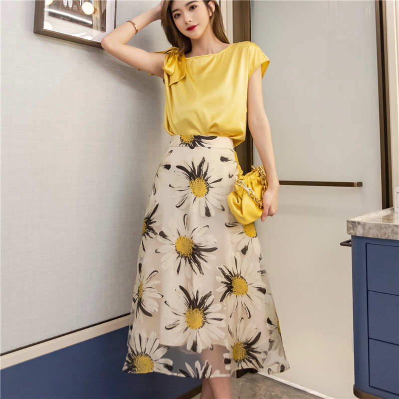 Summer New Sweet Style Skirt 1287 Printed Sunflower Gauze Large Skirt A-Line Long Skirt