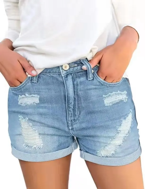 Women's Denim Shorts With Ripped Cuffs Light Blue - Shop at LoveMi