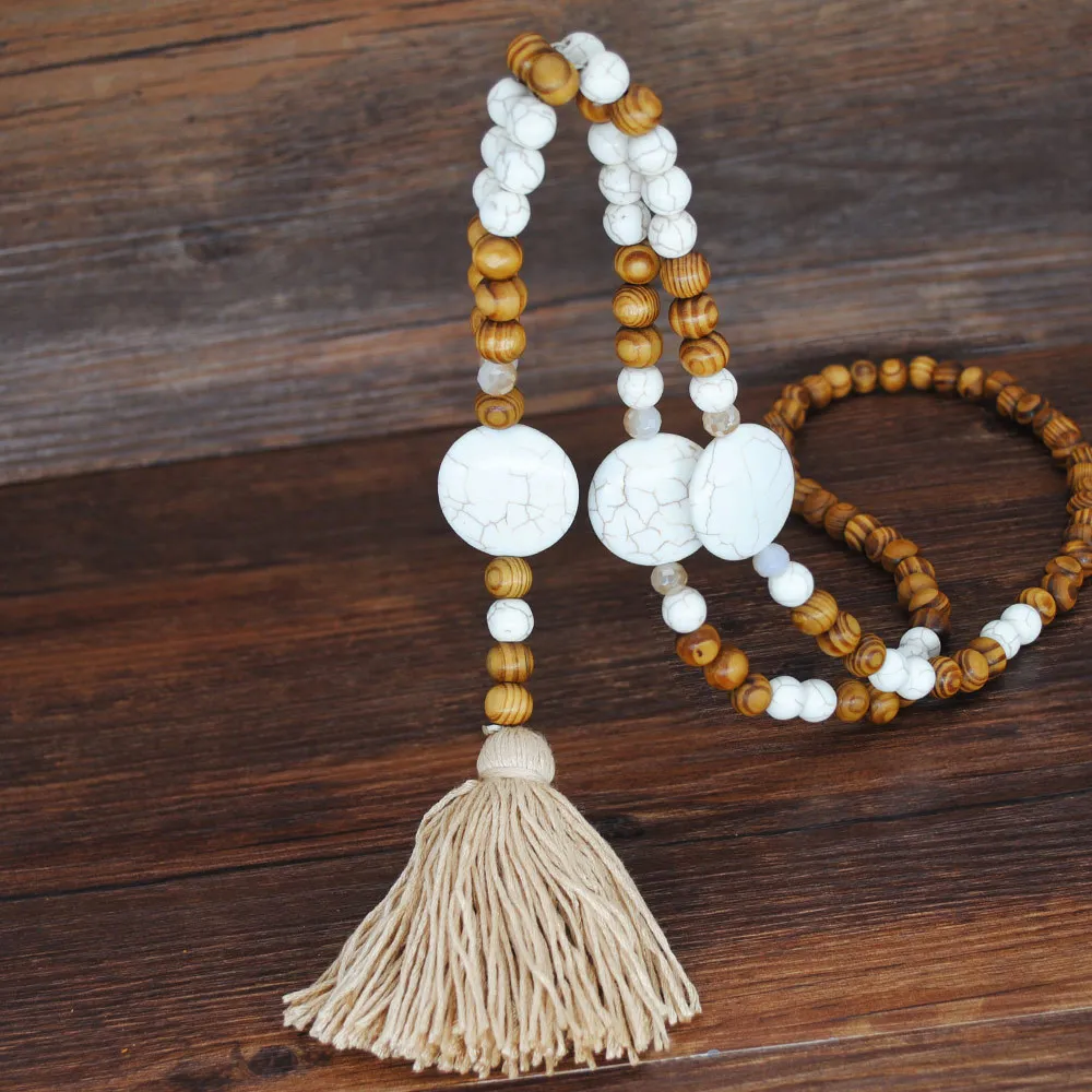 Handmade Wooden Bead Beaded Pendant Cotton Tassel Necklace - N2211 Round