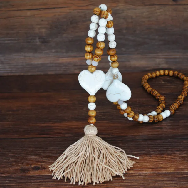 Handmade Wooden Bead Beaded Pendant Cotton Tassel Necklace N2210 Heart Shaped - Shop at LoveMi