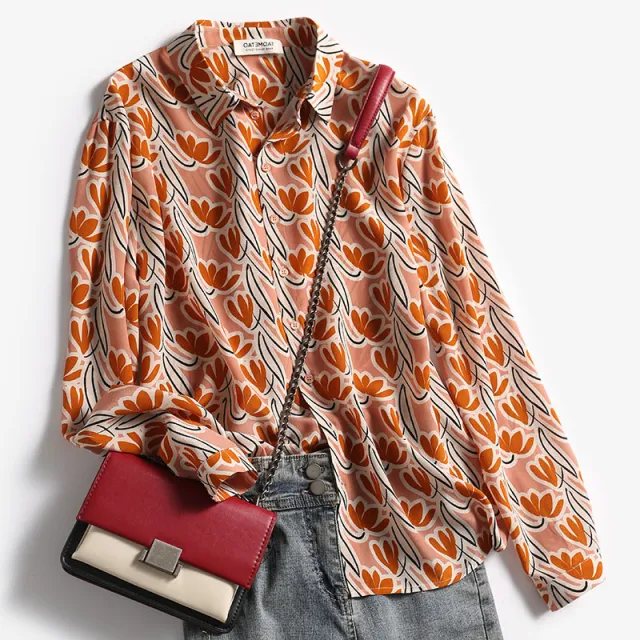 Elegant And Light She Retro Color Printing Lapel Shirt Female Spring Foundation Printing - Shop at LoveMi