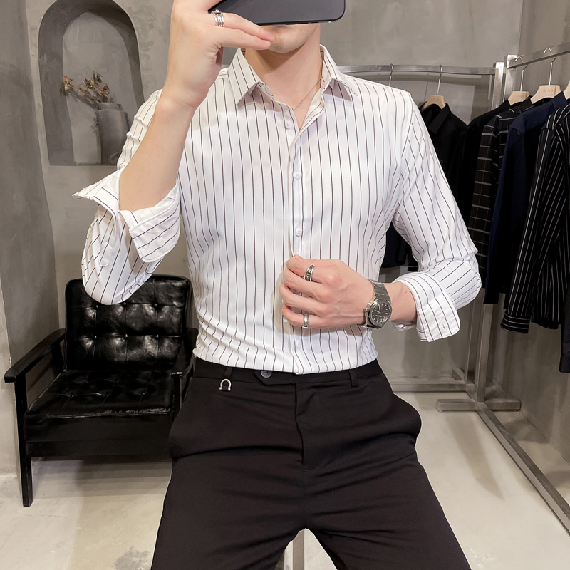 Spring And Autumn High-Quality Gray Striped Shirts Men'S Long-Sleeved Business Casual Shirts Men'S Slim Non-Iron Shirts