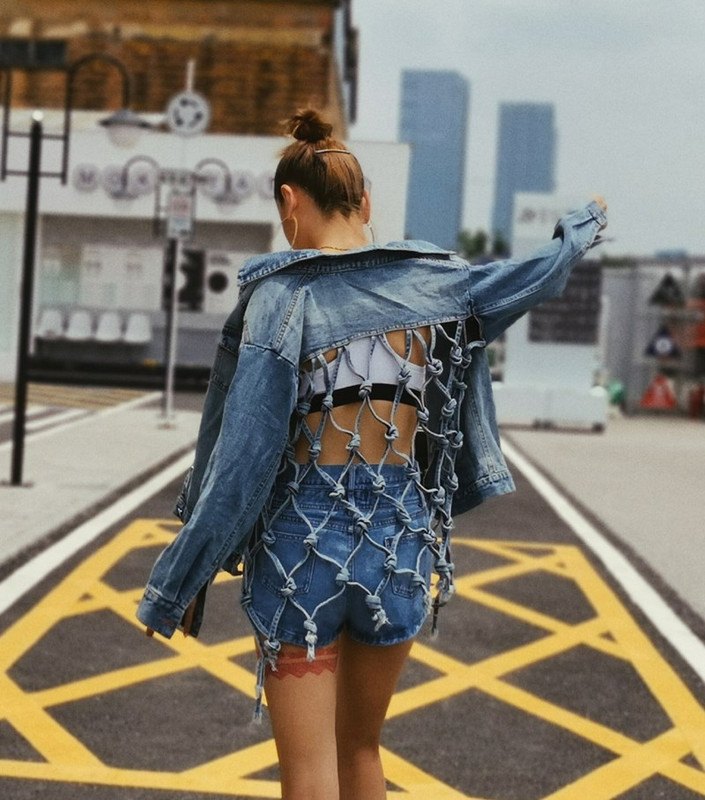 Back Mesh Denim Women'S Loose Casual Mid-Length Fringed Jacket