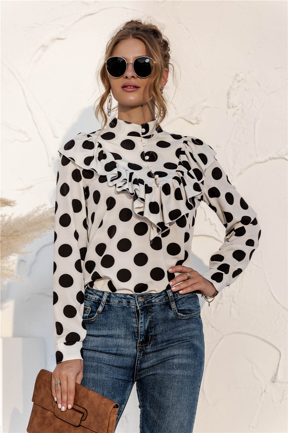 Ladies Casual Polka Dot Ruffle Button Shirt