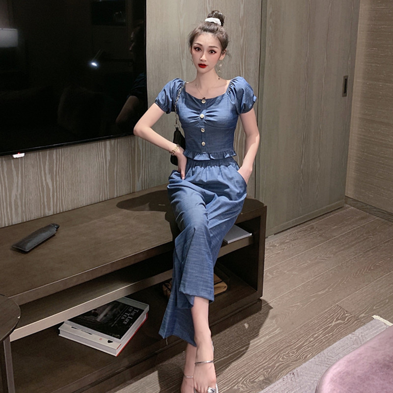 Summer New Fashion Denim Short Jacket Wide Leg Pants Two Piece Women