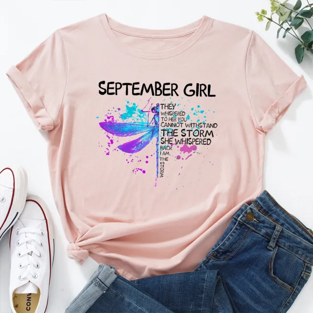 Letter Dragonfly Print Loose Round Neck Short Sleeves Light Pink - Shop at LoveMi